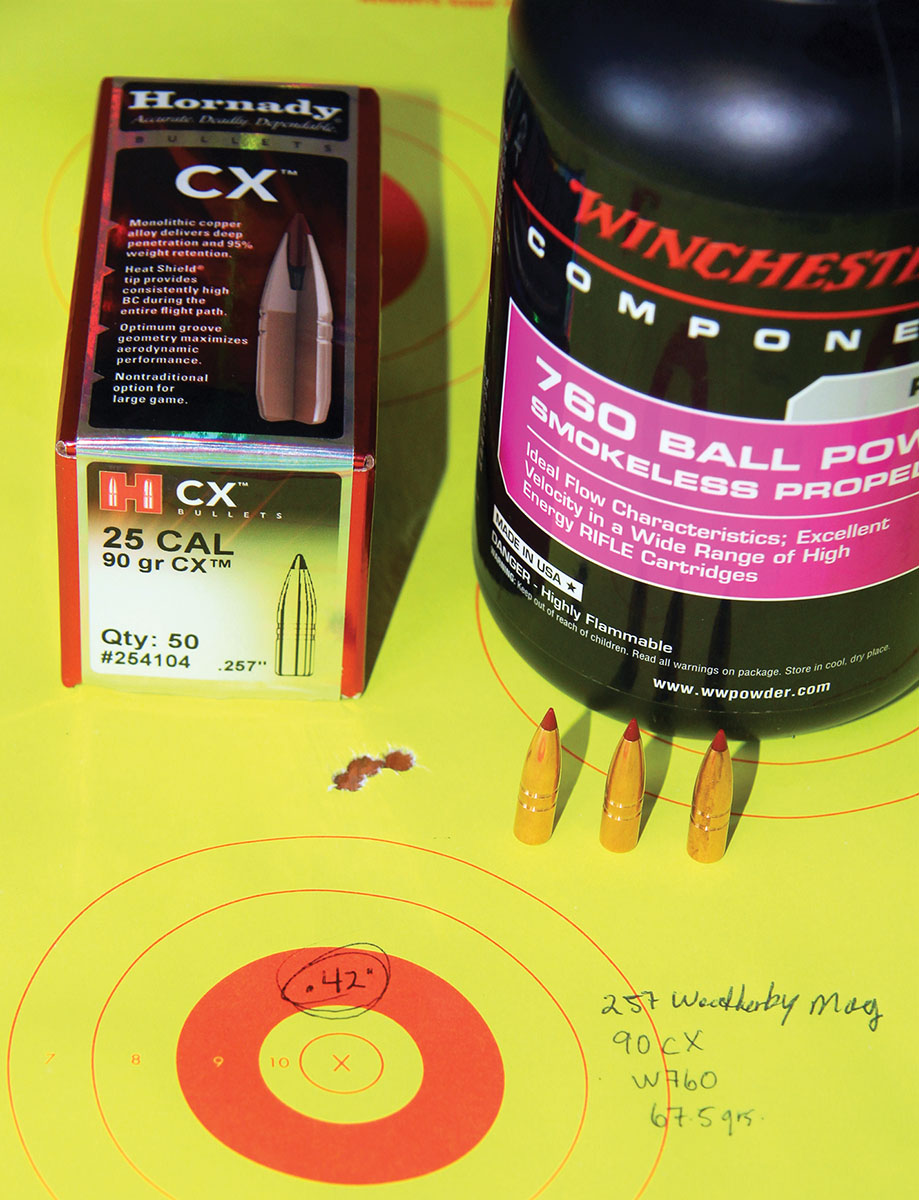 The best group assembled with Hornady’s 90-grain CX involved 67.5 grains of Winchester 760, that group measured .42 inch and was sent at a sizzling 3,910 fps.